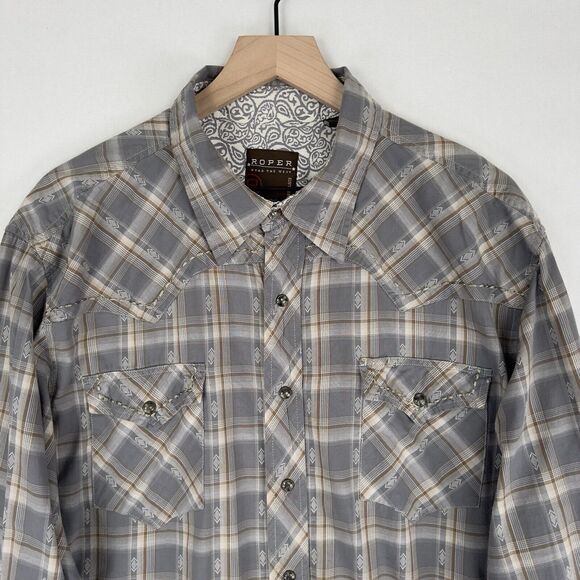 Roper Shirt Mens 2XL Gray‎ Collar Western Pearl Snap Thick Stitch Graphic Cowboy - Picture 2 of 16